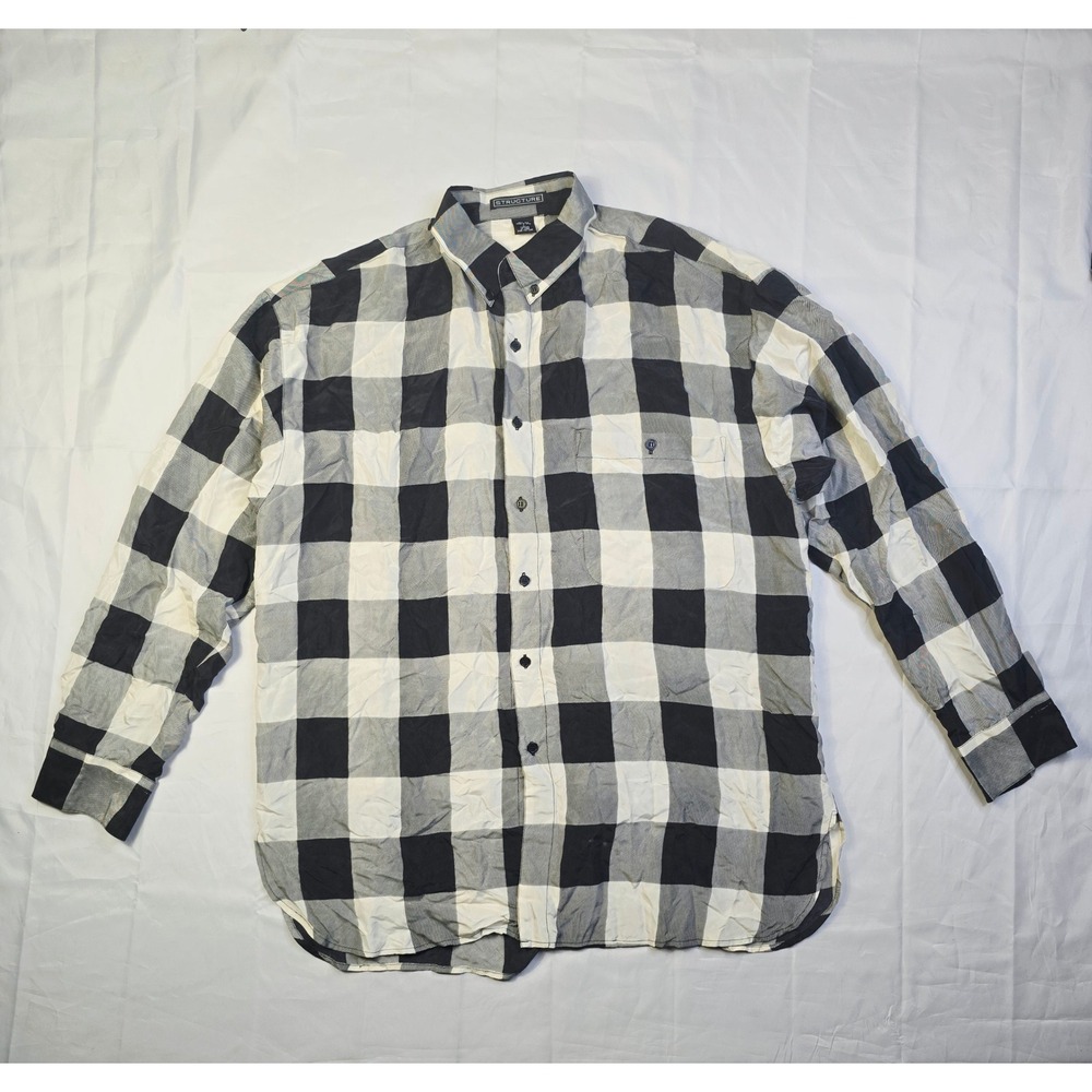 Structure Men's Buffalo Plaid Button Down Shirt Large Black White Long Sleeve H2